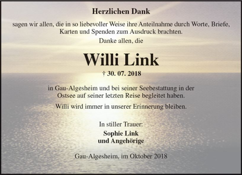  Traueranzeige für Willi Link vom 06.10.2018 aus vrm-trauer
