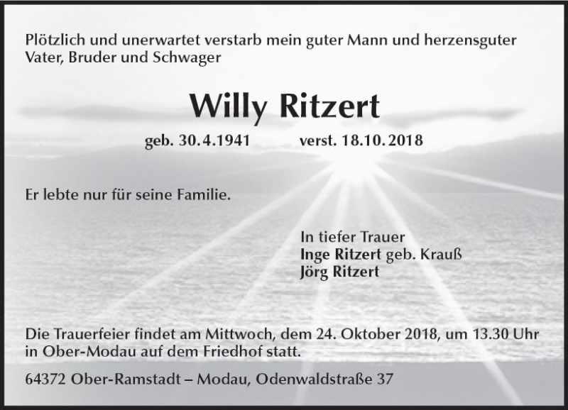  Traueranzeige für Willy Ritzert vom 22.10.2018 aus vrm-trauer