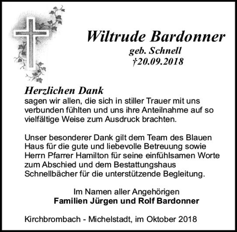  Traueranzeige für Wiltrude Bardonner vom 06.10.2018 aus vrm-trauer
