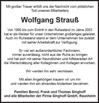 Traueranzeige von Wolfgang Strauß von vrm-trauer