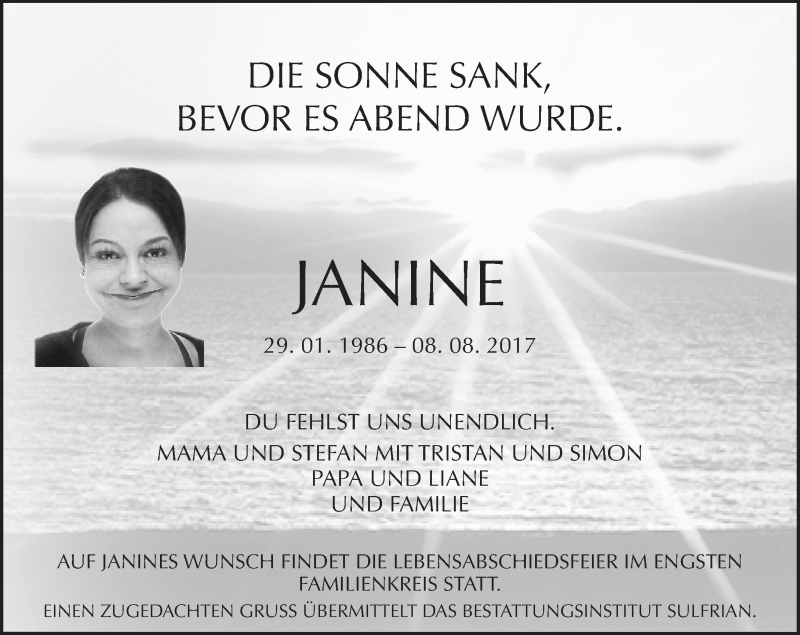  Traueranzeige für Janine  vom 12.08.2017 aus VRM Tageszeitungen