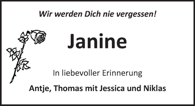  Traueranzeige für Janine  vom 12.08.2017 aus VRM Tageszeitungen