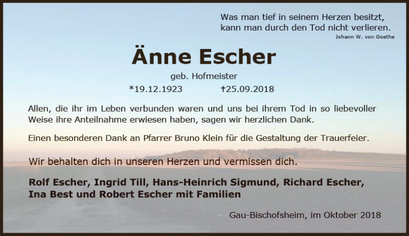 Traueranzeige für Änne Escher vom 27.10.2018 aus vrm-trauer