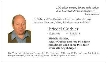Traueranzeige von Friedel Guthier von VRM Tageszeitungen