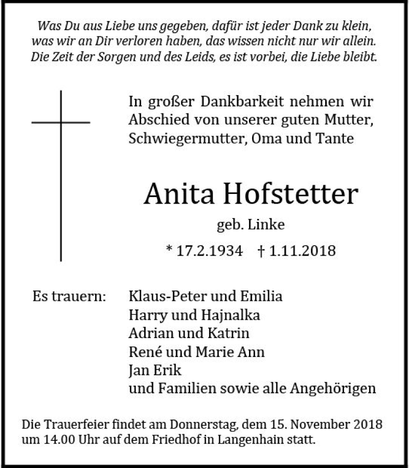 Traueranzeige für Anita Hofstetter vom 09.11.2018 aus vrm-trauer