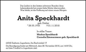 Traueranzeige von Anita Speckhardt von vrm-trauer