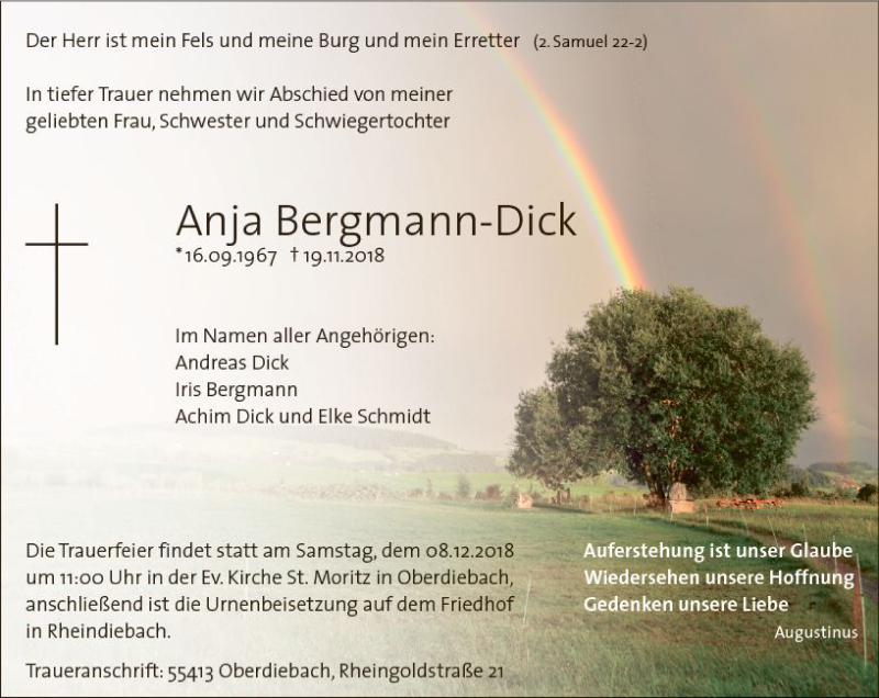 Traueranzeige für Anja Bergmann-Dick vom 24.11.2018 aus vrm-trauer