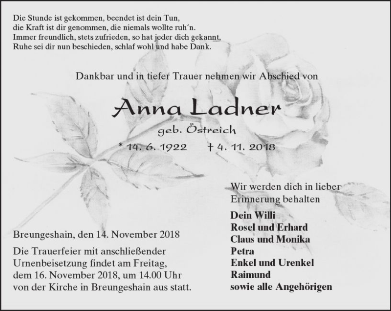  Traueranzeige für Anna Ladner vom 14.11.2018 aus  Kreisanzeiger