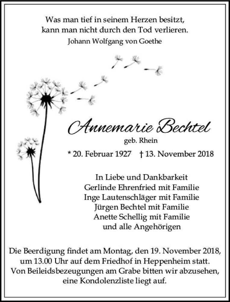  Traueranzeige für Annemarie Bechtel vom 17.11.2018 aus vrm-trauer