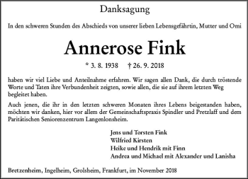 Traueranzeige von Annerose Fink von vrm-trauer
