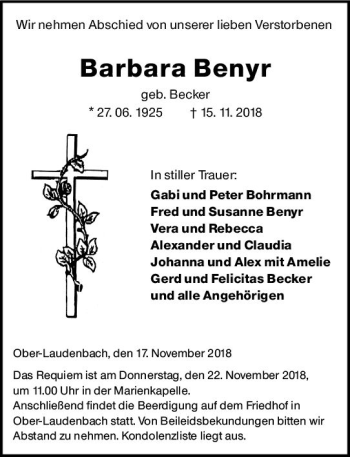 Traueranzeige von Barbara Benyr von vrm-trauer