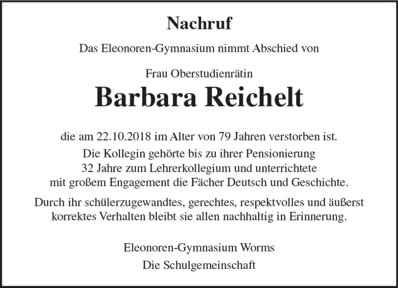  Traueranzeige für Barbara Reichelt vom 02.11.2018 aus vrm-trauer