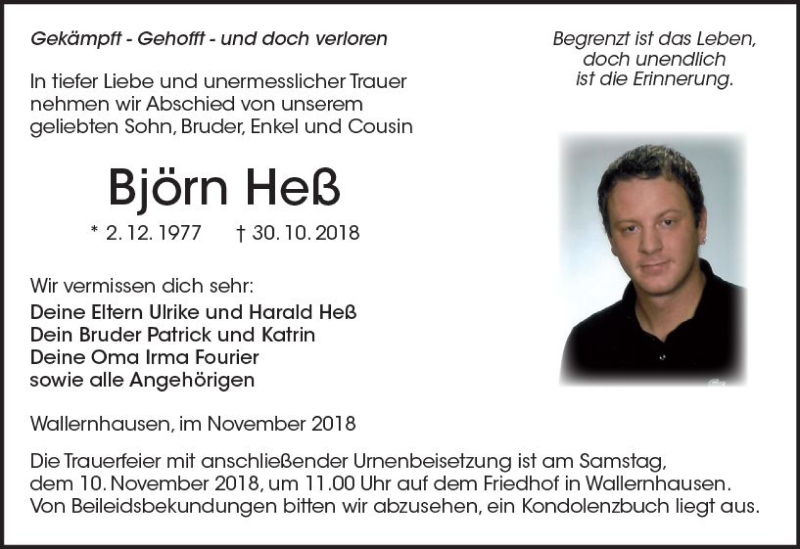  Traueranzeige für Björn Heß vom 07.11.2018 aus  Kreisanzeiger