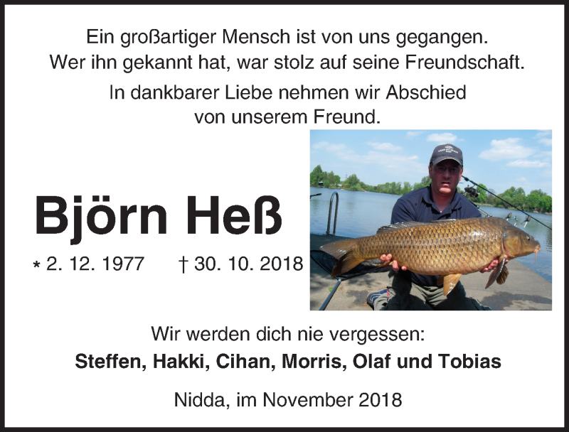  Traueranzeige für Björn Heß vom 10.11.2018 aus  Kreisanzeiger