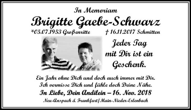  Traueranzeige für Brigitte Gaebe-Schwarz vom 16.11.2018 aus  Usinger Anzeiger