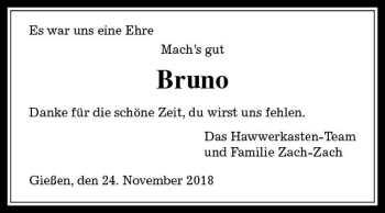 Traueranzeige von Bruno  von  Gießener Anzeiger