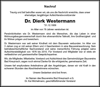 Traueranzeige von Dierk Westermann von vrm-trauer