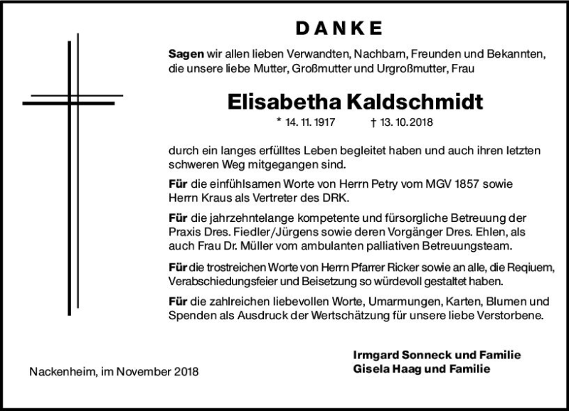  Traueranzeige für Elisabeths Kaldschmidt vom 10.11.2018 aus vrm-trauer