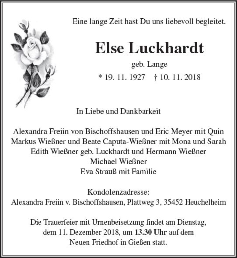  Traueranzeige für Else Luckhardt vom 17.11.2018 aus  Gießener Anzeiger