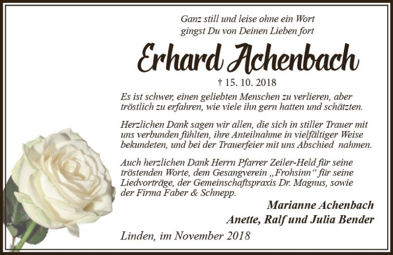  Traueranzeige für Erhard Achenbach vom 17.11.2018 aus  Gießener Anzeiger