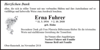 Traueranzeige von Erna Fuhrer von vrm-trauer