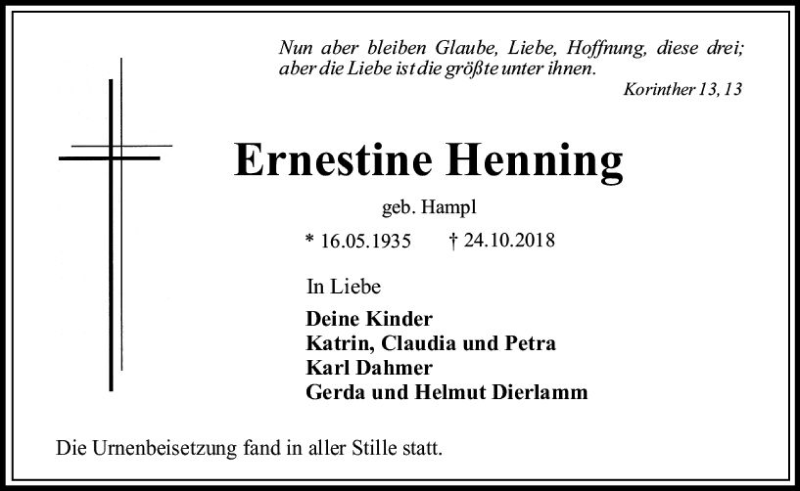  Traueranzeige für Ernestine Henning vom 03.11.2018 aus VRM Trauer