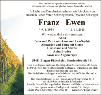 Traueranzeige von Franz Ewen von vrm-trauer