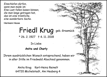 Traueranzeige von Friedl Krug von vrm-trauer