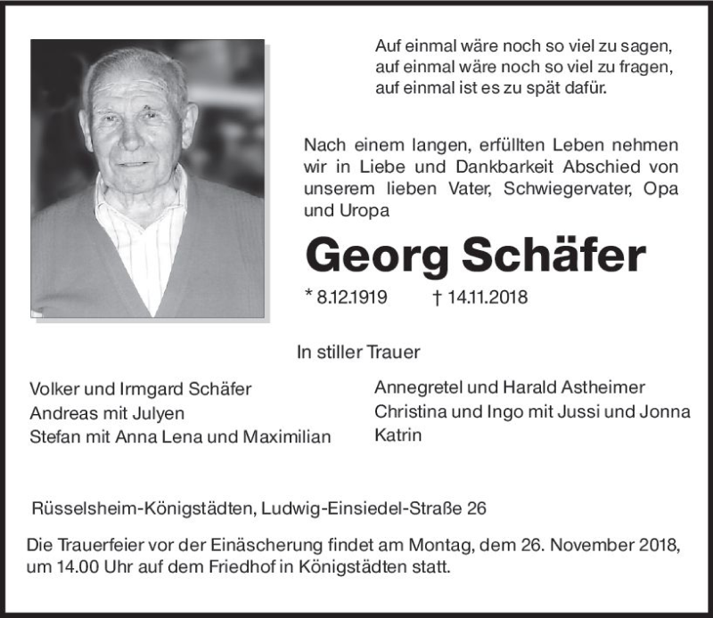  Traueranzeige für Georg Schäfer vom 17.11.2018 aus vrm-trauer