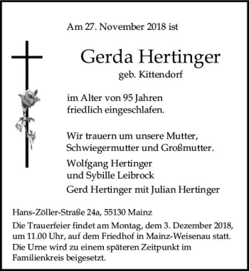 Traueranzeige von Gerda Hertinger von vrm-trauer