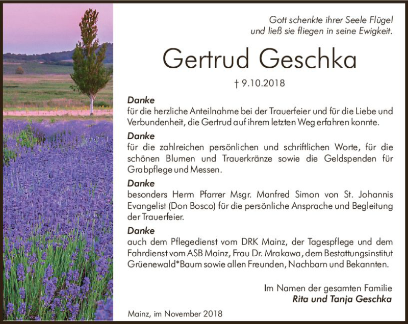  Traueranzeige für Gertrud Geschka vom 17.11.2018 aus vrm-trauer