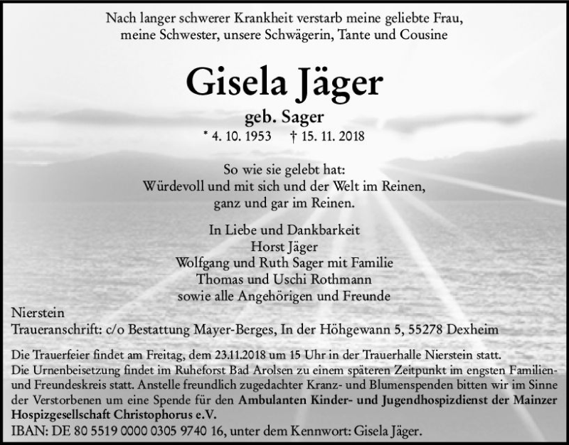  Traueranzeige für Gisela Jäger vom 20.11.2018 aus vrm-trauer