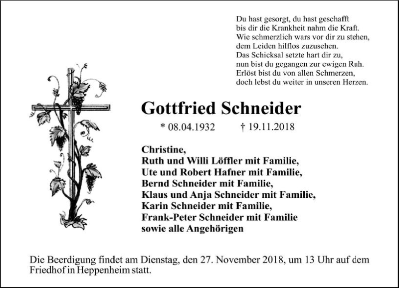  Traueranzeige für Gottfried Schneider vom 24.11.2018 aus vrm-trauer