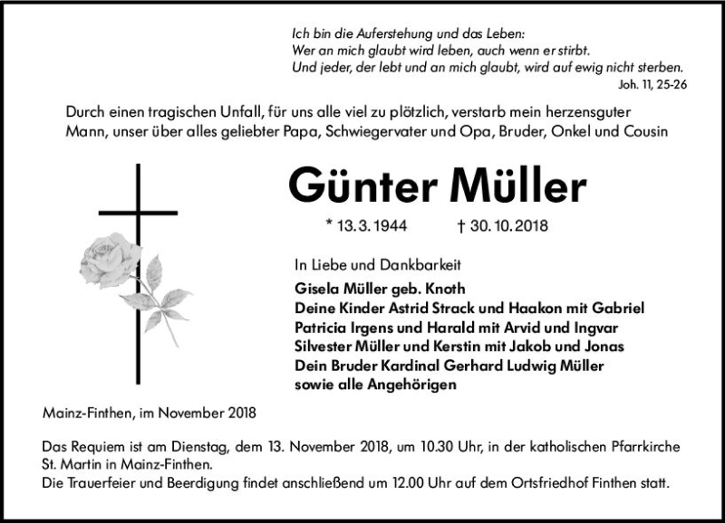  Traueranzeige für Günter Müller vom 10.11.2018 aus vrm-trauer