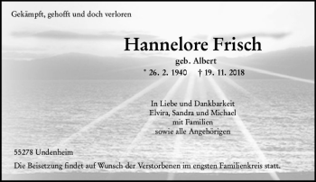Traueranzeige von Hannelore Frisch von vrm-trauer