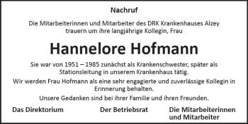 Traueranzeige von Hannelore Hofmann von vrm-trauer