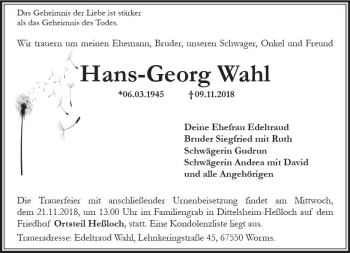 Traueranzeige von Hans-Georg Wahl von vrm-trauer