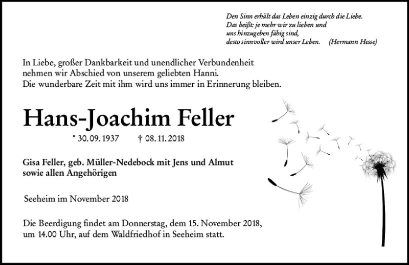  Traueranzeige für Hans-Joachim Feller vom 14.11.2018 aus vrm-trauer