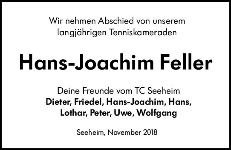  Traueranzeige für Hans-Joachim Feller vom 17.11.2018 aus vrm-trauer
