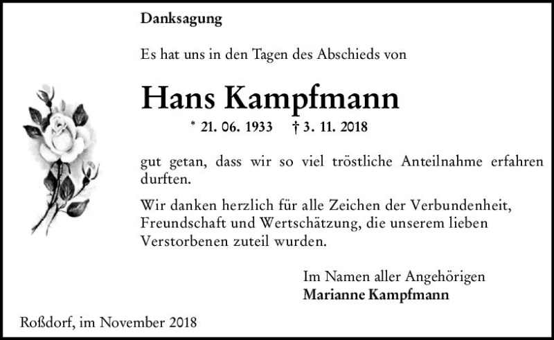  Traueranzeige für Hans Kampfmann vom 24.11.2018 aus vrm-trauer