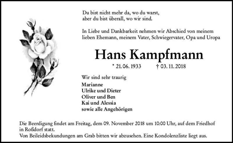  Traueranzeige für Hans Kampfmann vom 07.11.2018 aus vrm-trauer