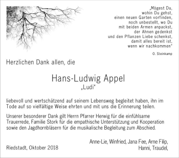 Traueranzeige von Hans-Ludwig Appel von vrm-trauer
