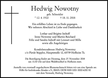 Traueranzeige von Hedwig Nowotny von vrm-trauer