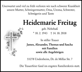 Traueranzeige von Heidemarie Freitag von vrm-trauer
