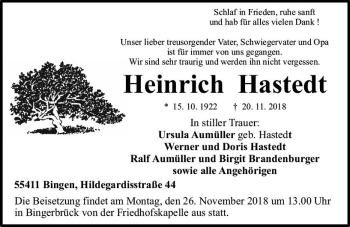 Traueranzeige von Heinrich Hastedt von vrm-trauer