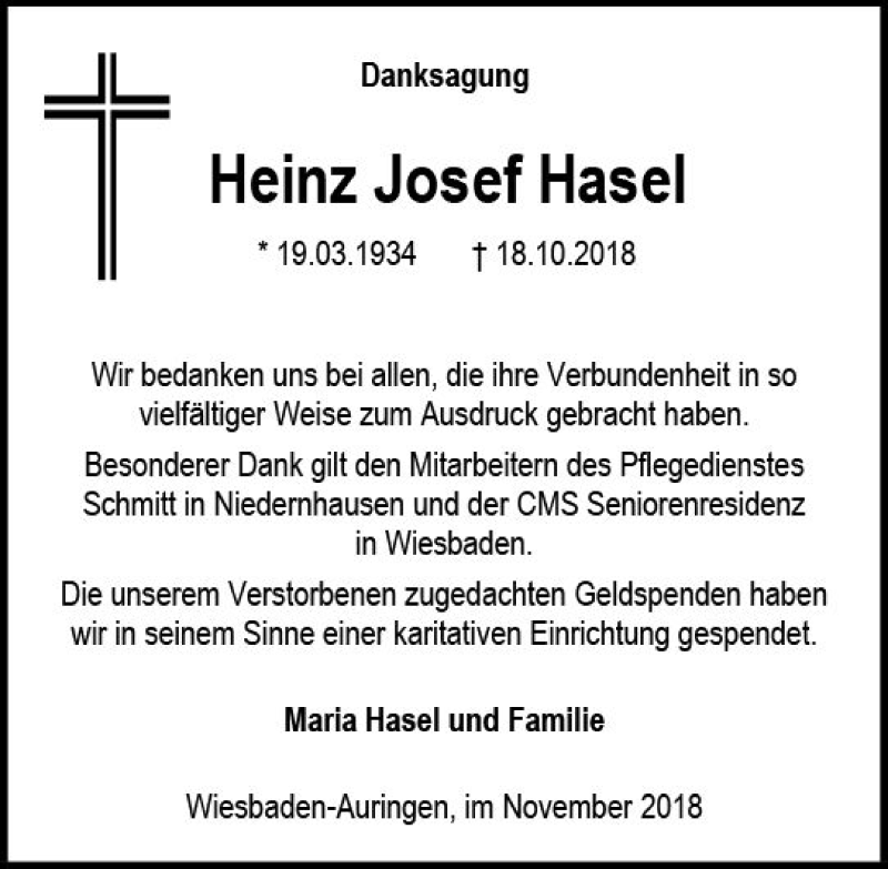  Traueranzeige für Heinz Josef Hasel vom 10.11.2018 aus vrm-trauer