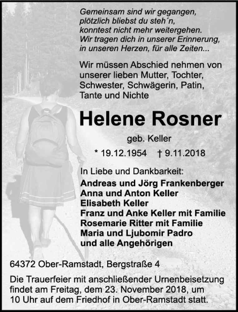  Traueranzeige für Helene Rosner vom 22.11.2018 aus vrm-trauer
