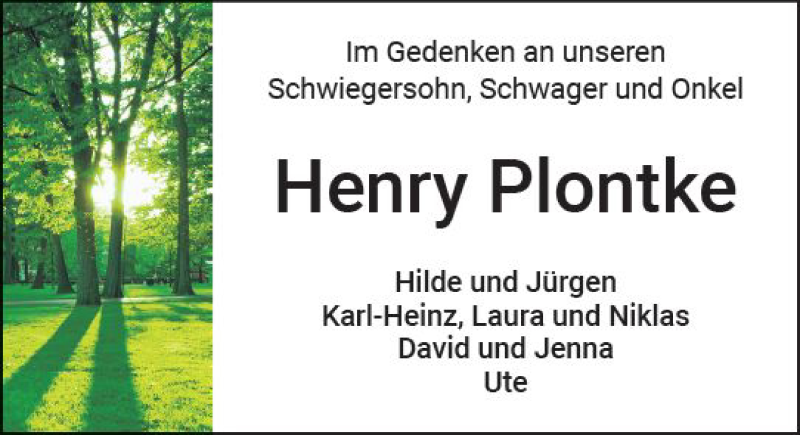  Traueranzeige für Henry Plontke vom 15.11.2018 aus  Kreisanzeiger