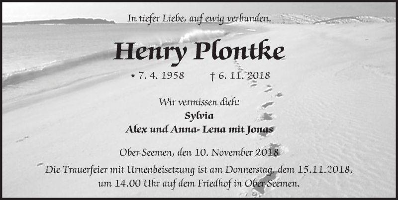  Traueranzeige für Henry Plontke vom 10.11.2018 aus  Kreisanzeiger