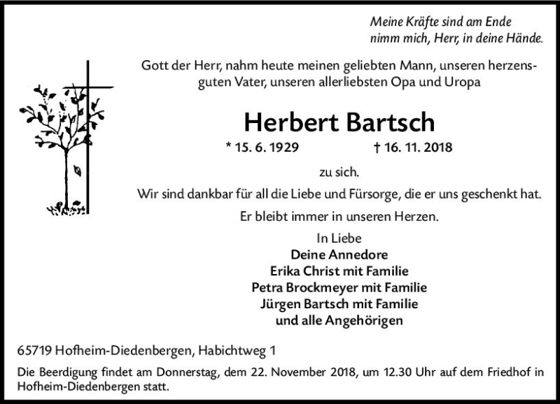  Traueranzeige für Herbert Bartsch vom 20.11.2018 aus vrm-trauer